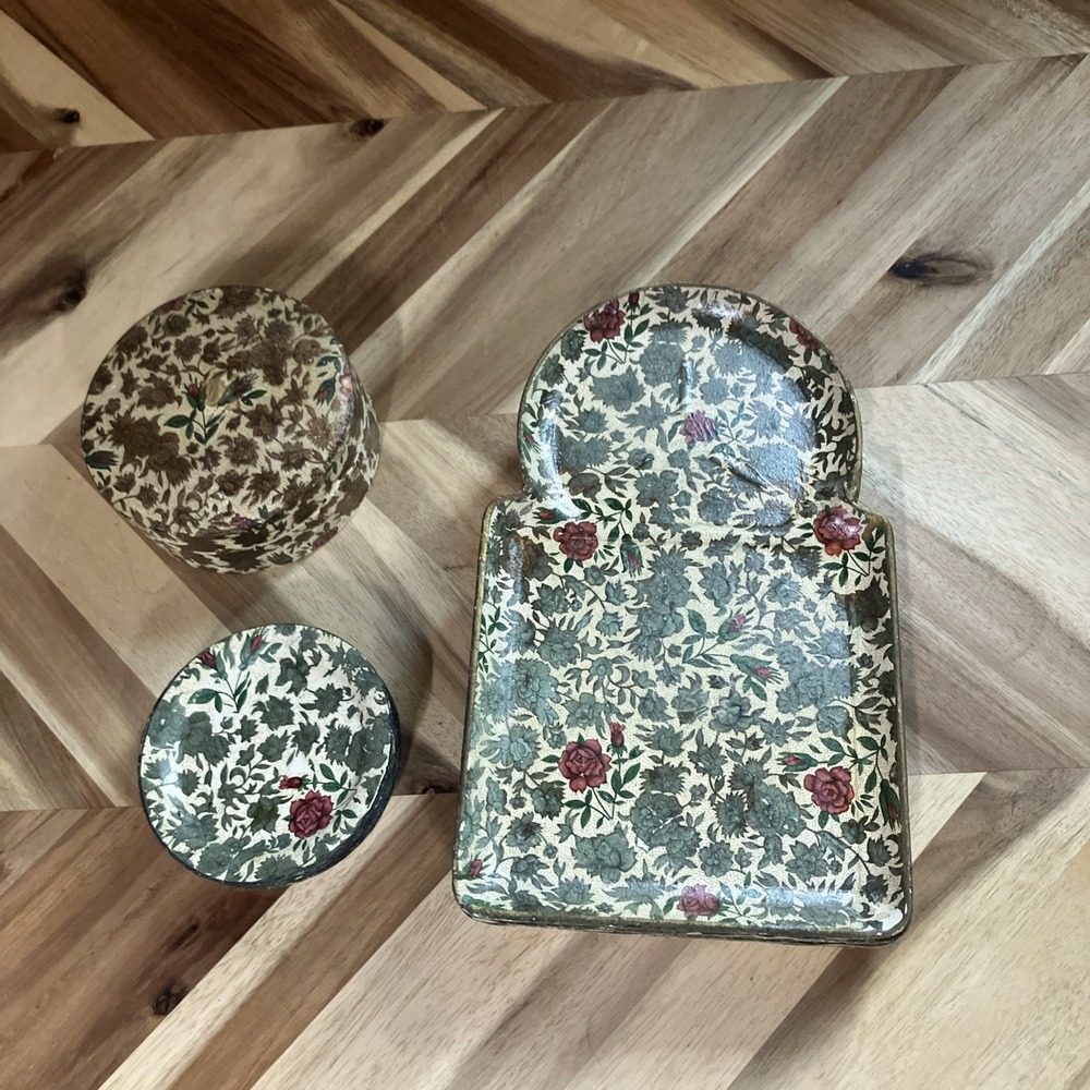Vintage Made In Japan Alcohol Proof Floral  Paper Mache Serving Trays & Coasters